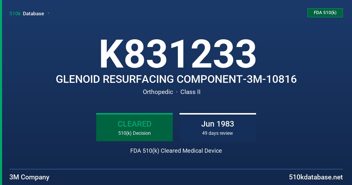 K831233 GLENOID RESURFACING COMPONENT-3M-10816 FDA 510(k) Cleared Medical Device