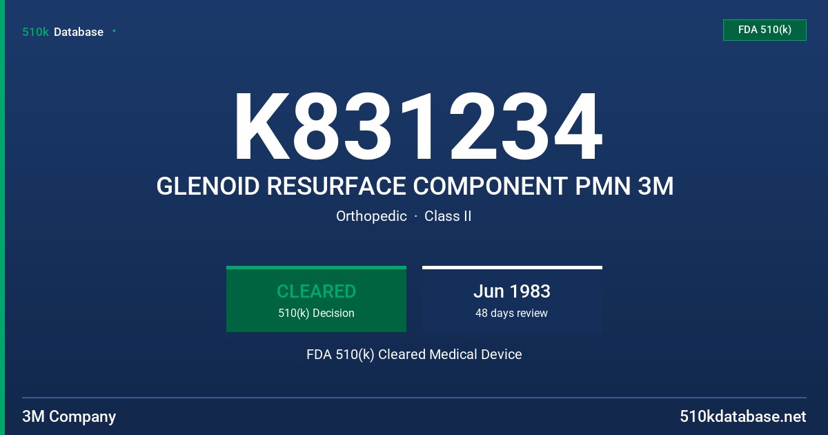 K831234 GLENOID RESURFACE COMPONENT PMN 3M FDA 510(k) Cleared Medical Device