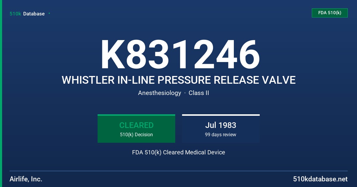 K831246 WHISTLER IN-LINE PRESSURE RELEASE VALVE FDA 510(k) Cleared Medical Device