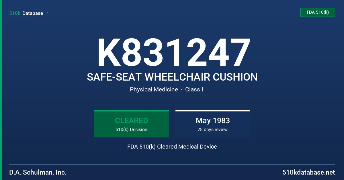 K831247 SAFE-SEAT WHEELCHAIR CUSHION FDA 510(k) Cleared Medical Device