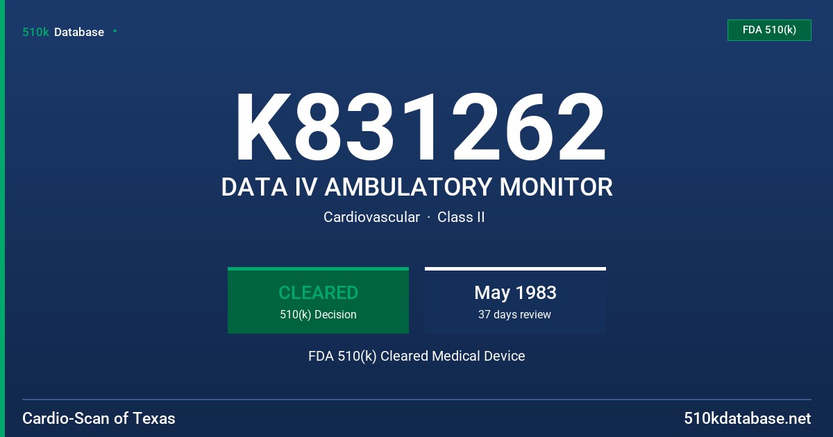 K831262 DATA IV AMBULATORY MONITOR FDA 510(k) Cleared Medical Device
