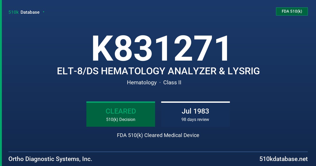 K831271 ELT-8/DS HEMATOLOGY ANALYZER & LYSRIG FDA 510(k) Cleared Medical Device