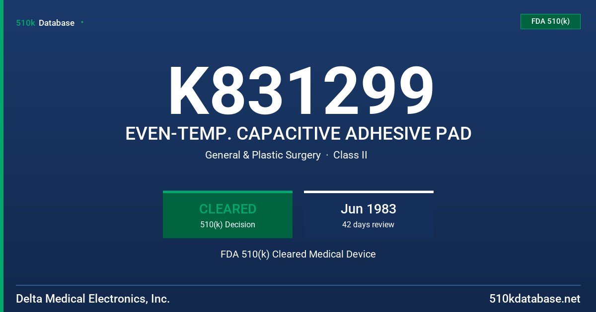 K831299 EVEN-TEMP. CAPACITIVE ADHESIVE PAD FDA 510(k) Cleared Medical Device