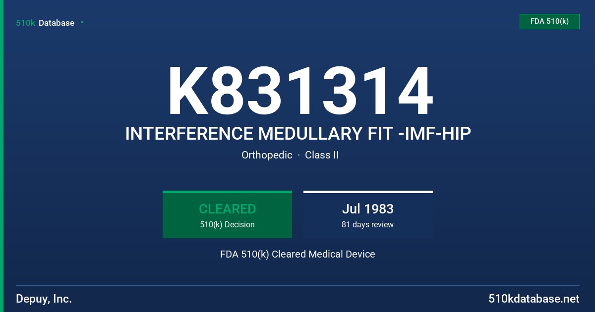 K831314 INTERFERENCE MEDULLARY FIT -IMF-HIP FDA 510(k) Cleared Medical Device