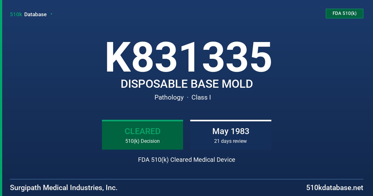 K831335 DISPOSABLE BASE MOLD FDA 510(k) Cleared Medical Device