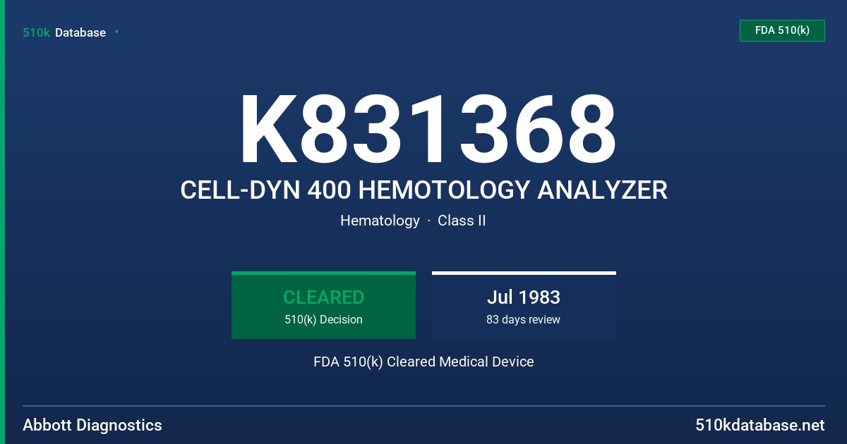 K831368 CELL-DYN 400 HEMOTOLOGY ANALYZER FDA 510(k) Cleared Medical Device