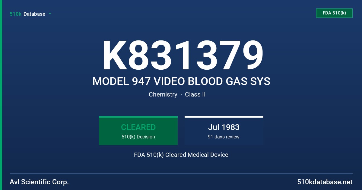 K831379 MODEL 947 VIDEO BLOOD GAS SYS FDA 510(k) Cleared Medical Device