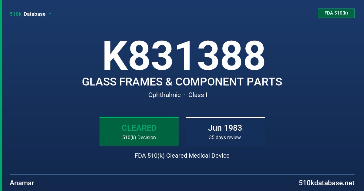 K831388 GLASS FRAMES & COMPONENT PARTS FDA 510(k) Cleared Medical Device