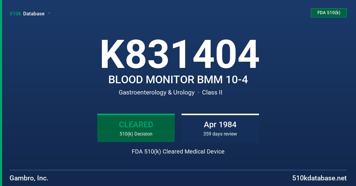 K831404 BLOOD MONITOR BMM 10-4 FDA 510(k) Cleared Medical Device