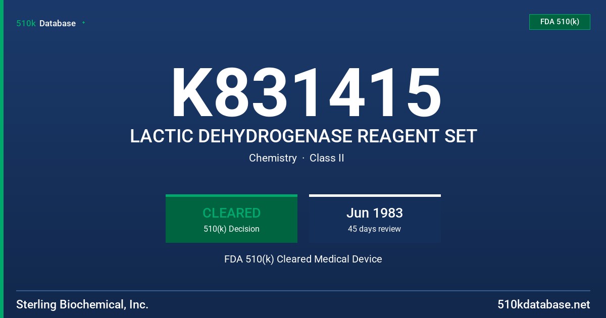 K831415 LACTIC DEHYDROGENASE REAGENT SET FDA 510(k) Cleared Medical Device