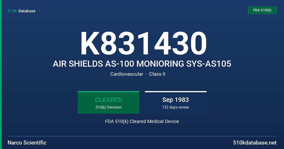 K831430 AIR SHIELDS AS-100 MONIORING SYS-AS105 FDA 510(k) Cleared Medical Device