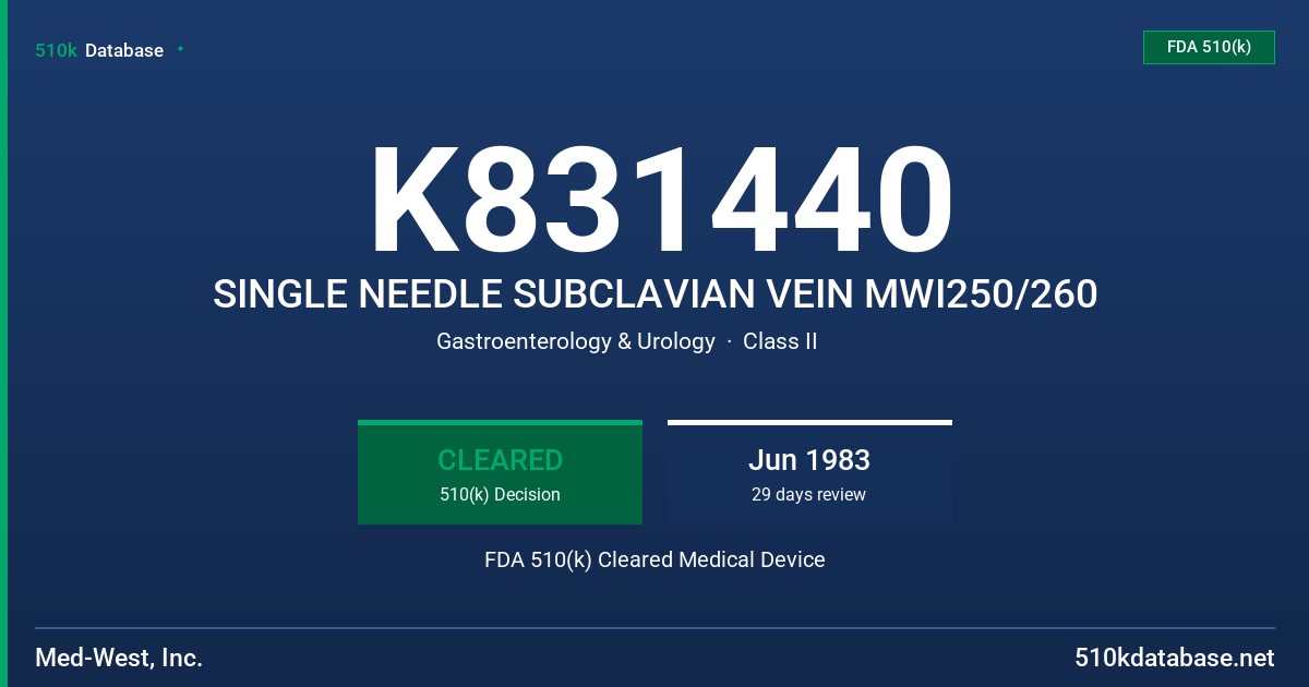K831440 SINGLE NEEDLE SUBCLAVIAN VEIN MWI250/260 FDA 510(k) Cleared Medical Device