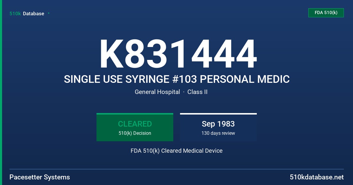 K831444 SINGLE USE SYRINGE #103 PERSONAL MEDIC FDA 510(k) Cleared Medical Device