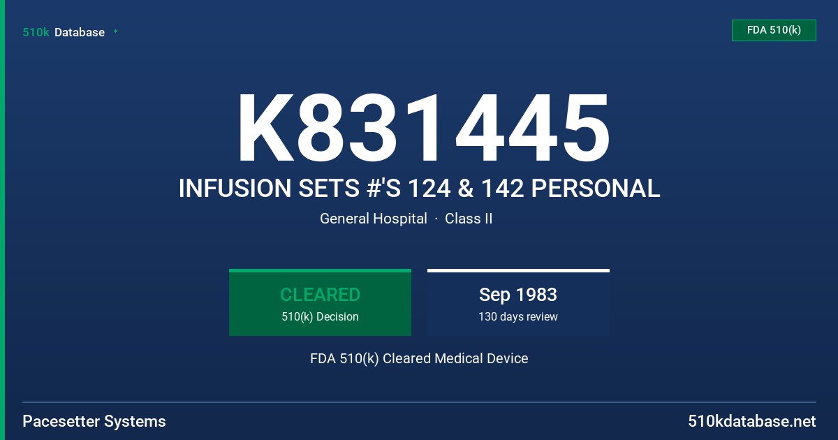 K831445 INFUSION SETS #'S 124 & 142 PERSONAL FDA 510(k) Cleared Medical Device