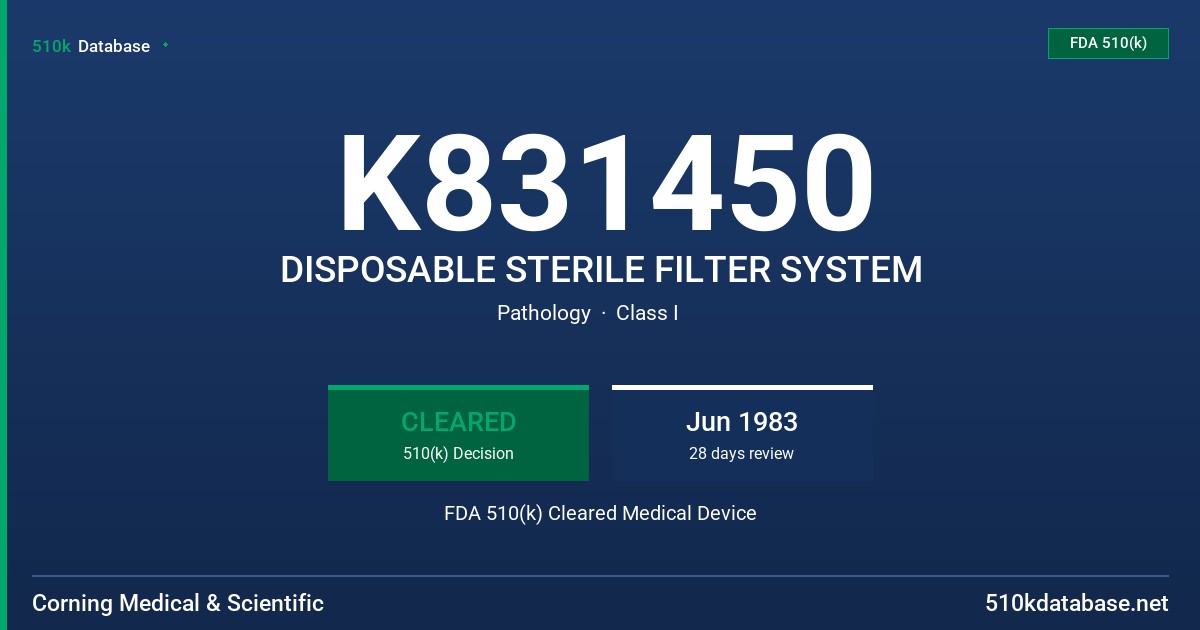 K831450 DISPOSABLE STERILE FILTER SYSTEM FDA 510(k) Cleared Medical Device