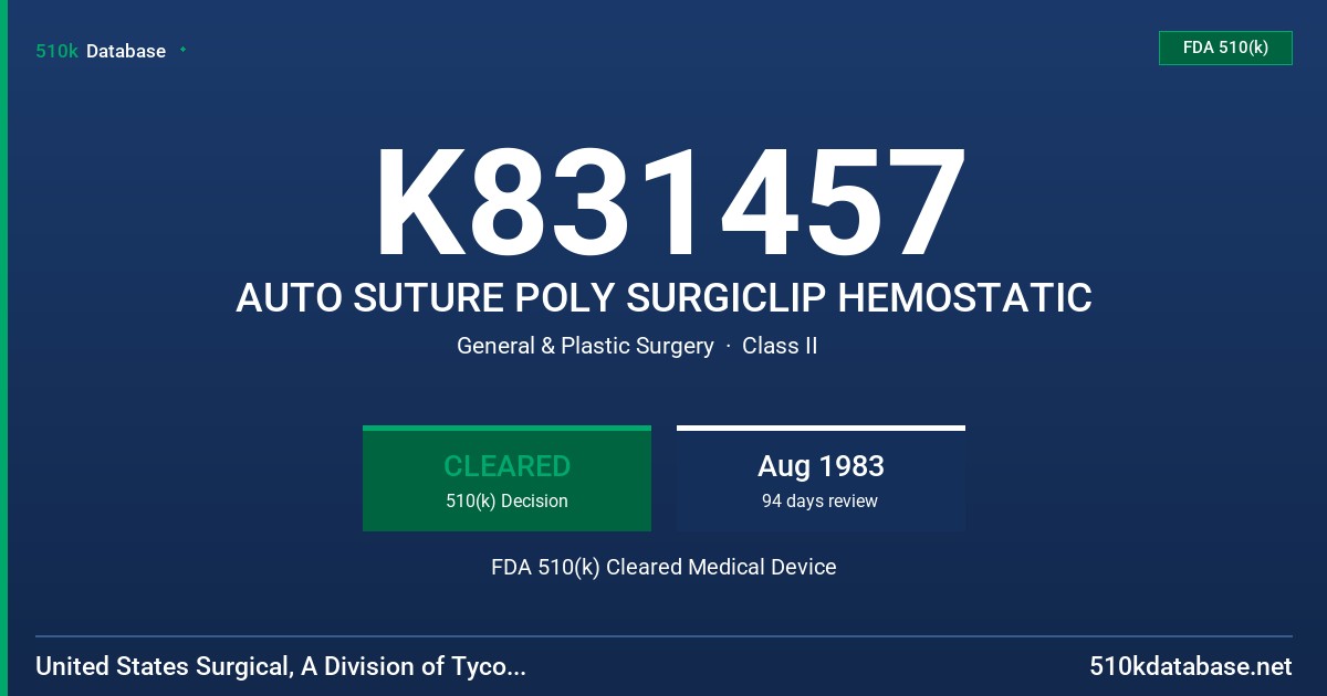 K831457 AUTO SUTURE POLY SURGICLIP HEMOSTATIC FDA 510(k) Cleared Medical Device