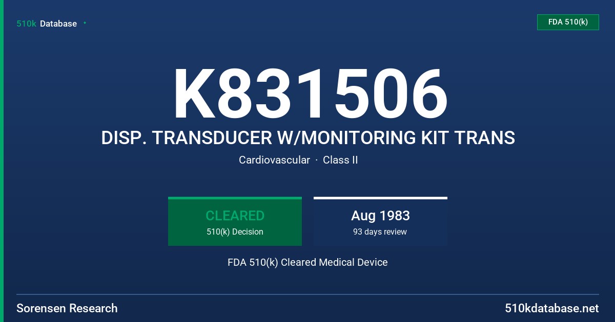 K831506 DISP. TRANSDUCER W/MONITORING KIT TRANS FDA 510(k) Cleared Medical Device