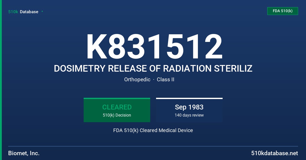 K831512 DOSIMETRY RELEASE OF RADIATION STERILIZ FDA 510(k) Cleared Medical Device