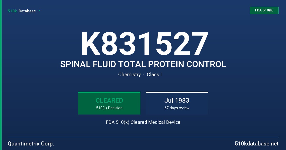 K831527 SPINAL FLUID TOTAL PROTEIN CONTROL FDA 510(k) Cleared Medical Device