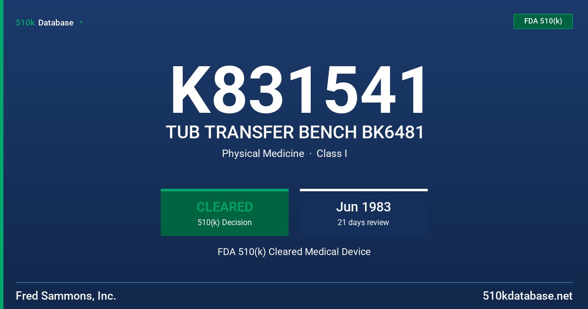 K831541 TUB TRANSFER BENCH BK6481 FDA 510(k) Cleared Medical Device