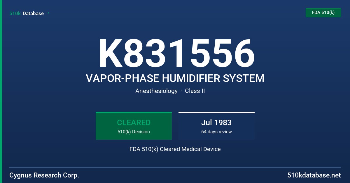 K831556 VAPOR-PHASE HUMIDIFIER SYSTEM FDA 510(k) Cleared Medical Device