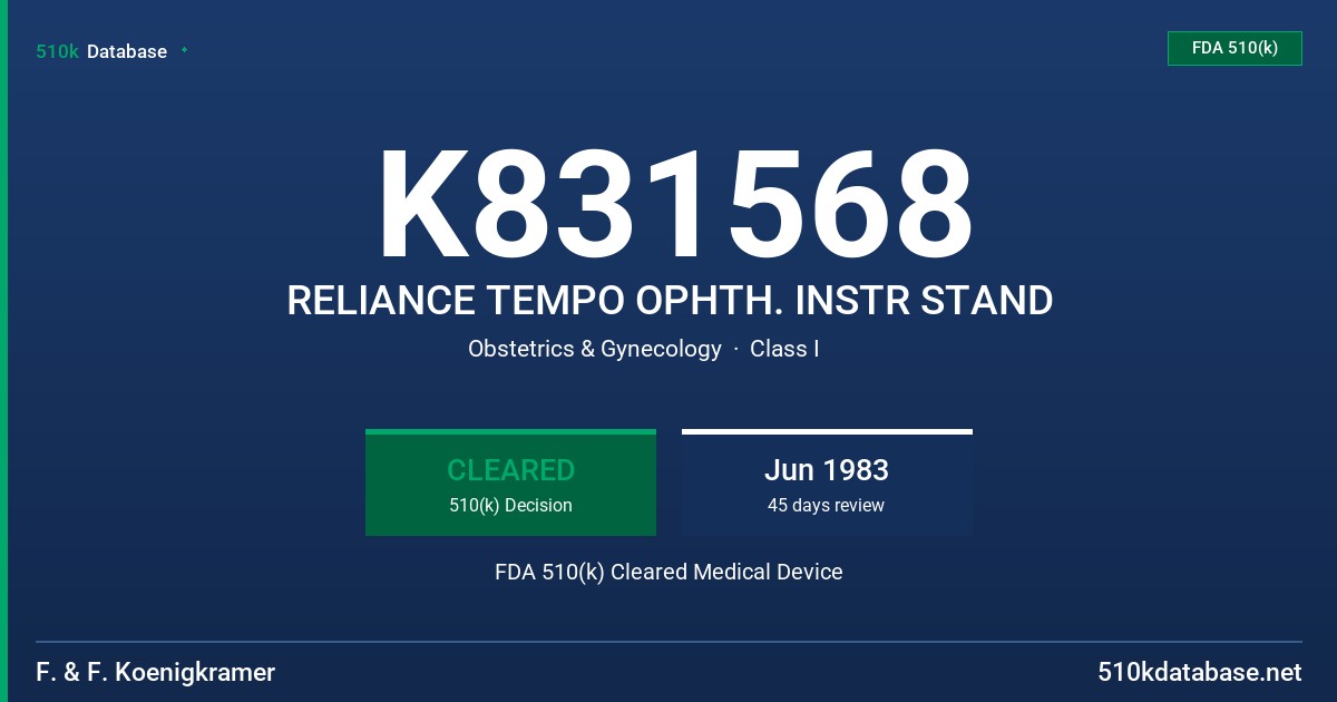 K831568 RELIANCE TEMPO OPHTH. INSTR STAND FDA 510(k) Cleared Medical Device