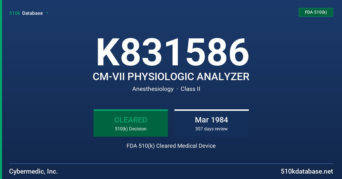 K831586 CM-VII PHYSIOLOGIC ANALYZER FDA 510(k) Cleared Medical Device