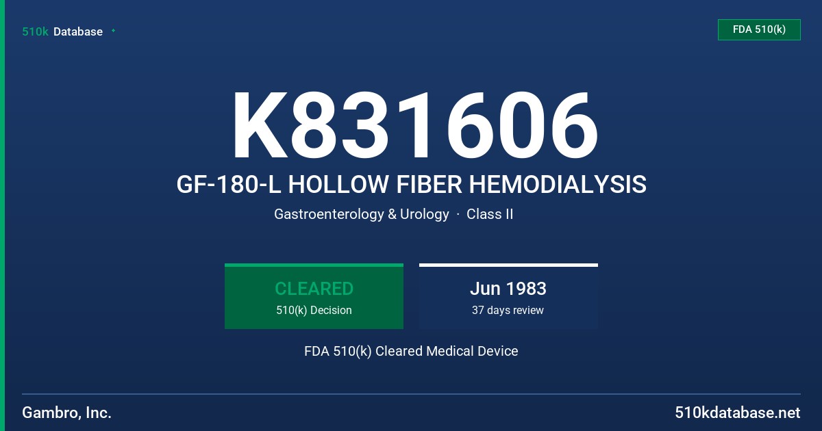 K831606 GF-180-L HOLLOW FIBER HEMODIALYSIS FDA 510(k) Cleared Medical Device