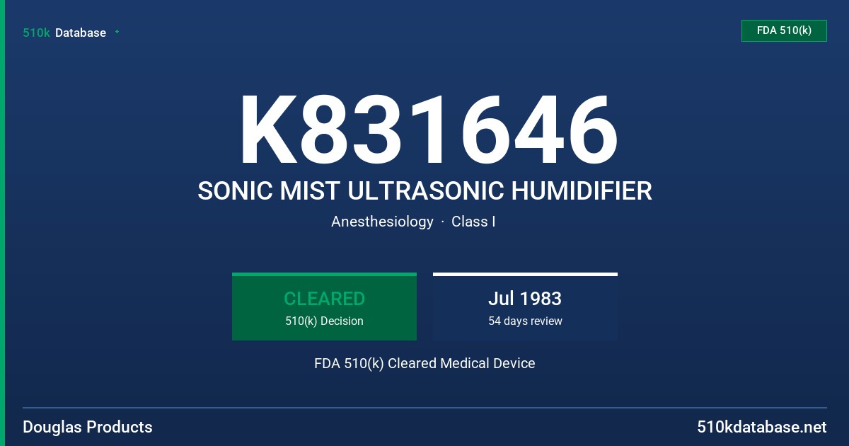 K831646 SONIC MIST ULTRASONIC HUMIDIFIER FDA 510(k) Cleared Medical Device