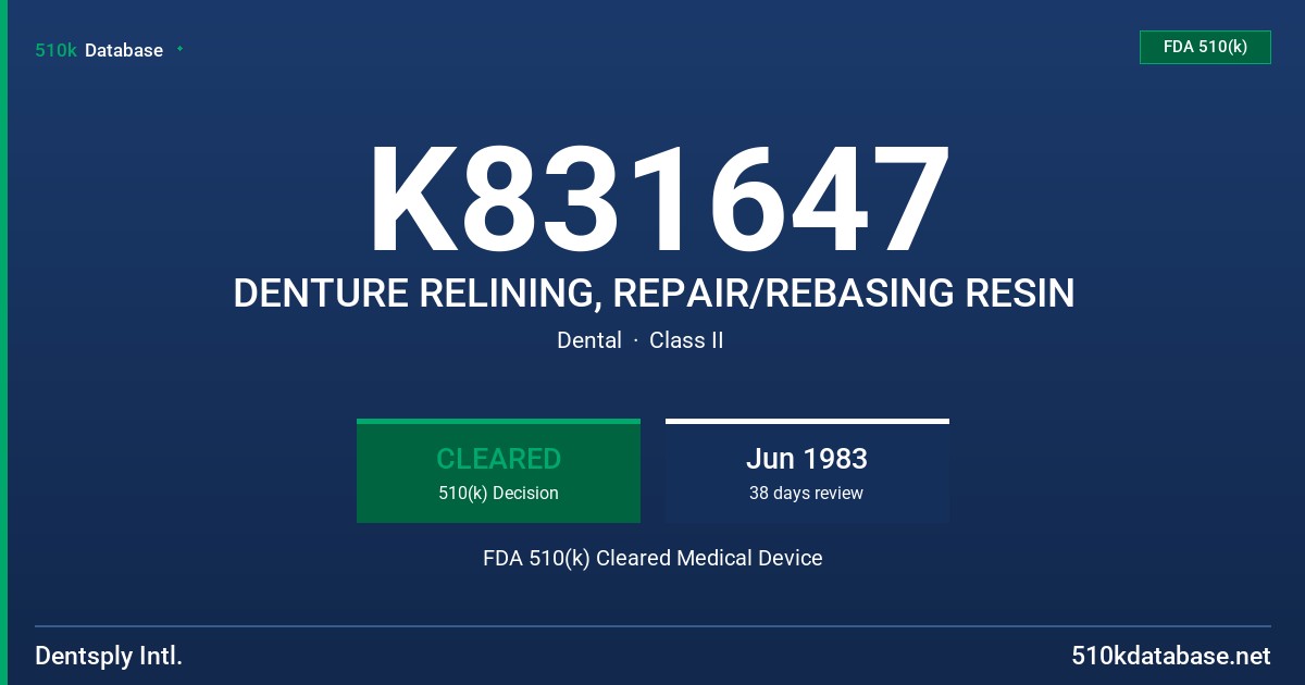 K831647 DENTURE RELINING, REPAIR/REBASING RESIN FDA 510(k) Cleared Medical Device