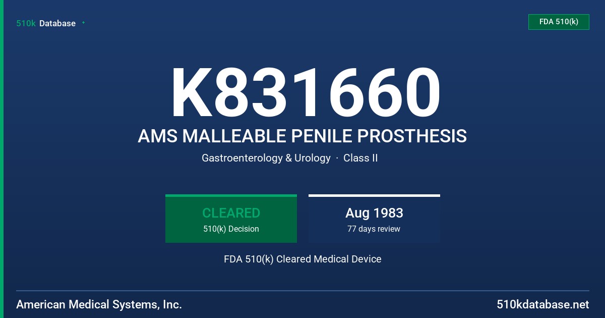 K831660 AMS MALLEABLE PENILE PROSTHESIS FDA 510(k) Cleared Medical Device