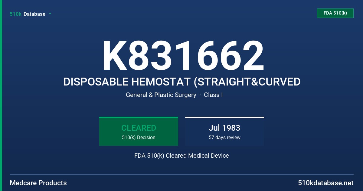 K831662 DISPOSABLE HEMOSTAT (STRAIGHT&CURVED FDA 510(k) Cleared Medical Device