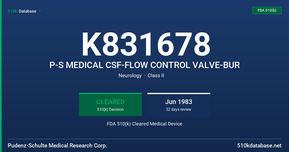 K831678 P-S MEDICAL CSF-FLOW CONTROL VALVE-BUR FDA 510(k) Cleared Medical Device