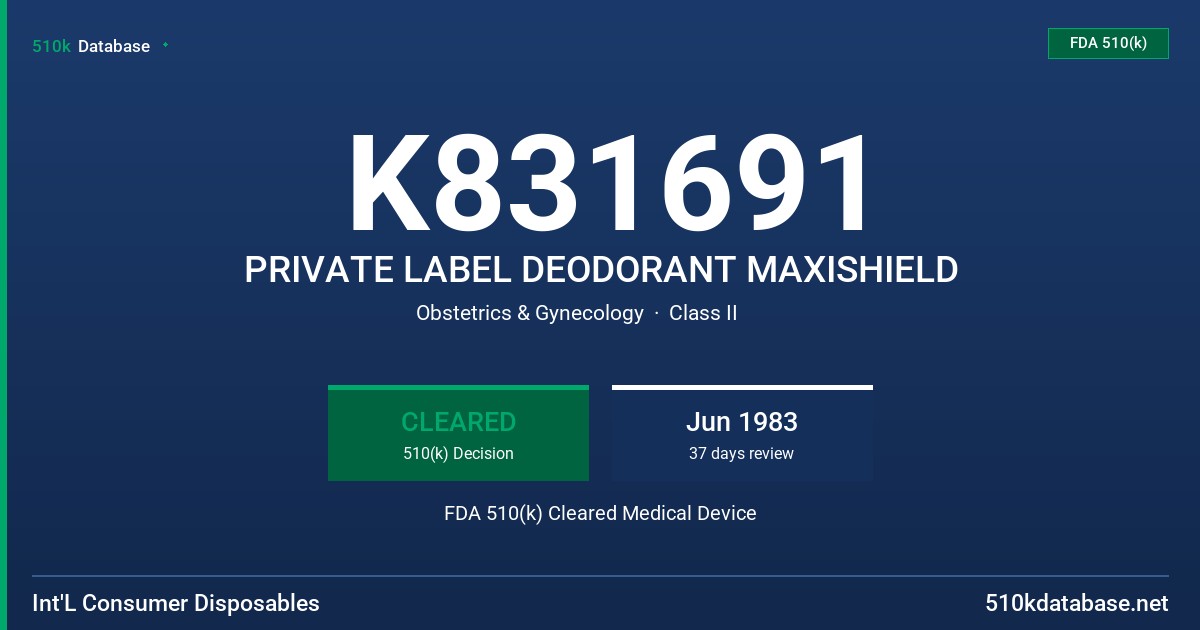 K831691 PRIVATE LABEL DEODORANT MAXISHIELD FDA 510(k) Cleared Medical Device