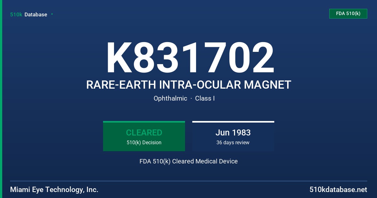 K831702 RARE-EARTH INTRA-OCULAR MAGNET FDA 510(k) Cleared Medical Device