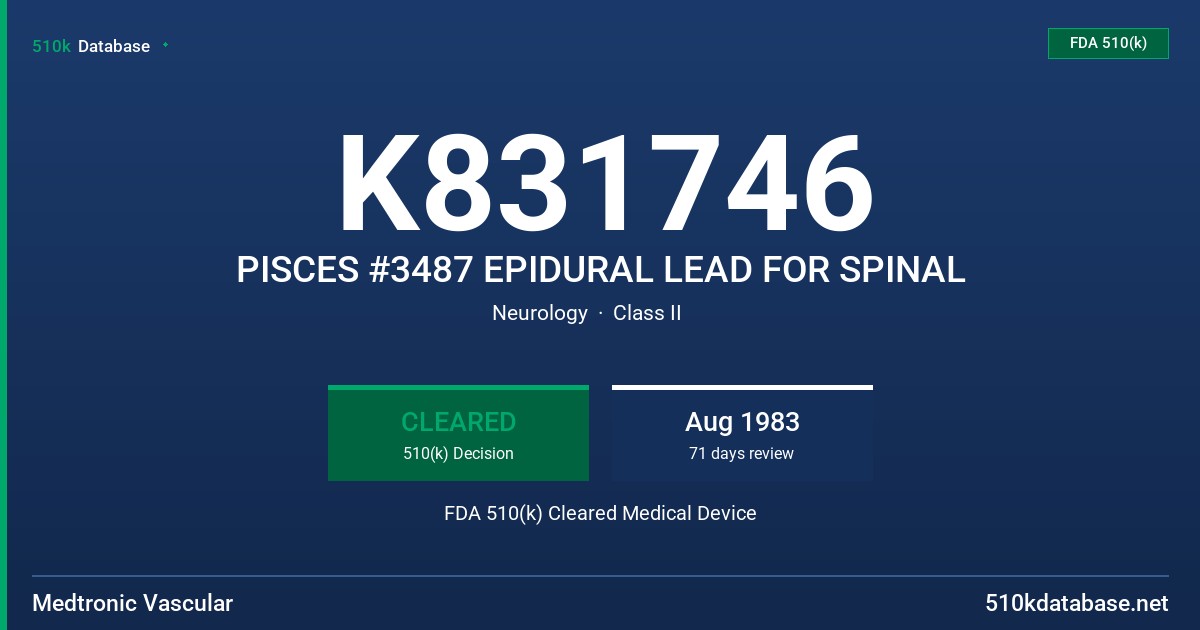K831746 PISCES #3487 EPIDURAL LEAD FOR SPINAL FDA 510(k) Cleared Medical Device
