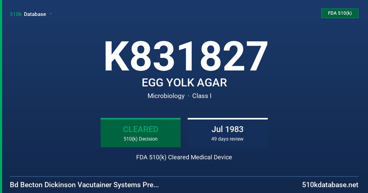 K831827 EGG YOLK AGAR FDA 510(k) Cleared Medical Device