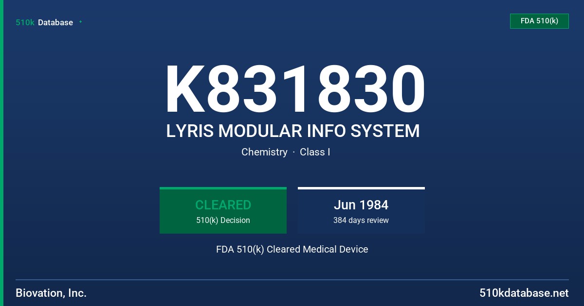 K831830 LYRIS MODULAR INFO SYSTEM FDA 510(k) Cleared Medical Device