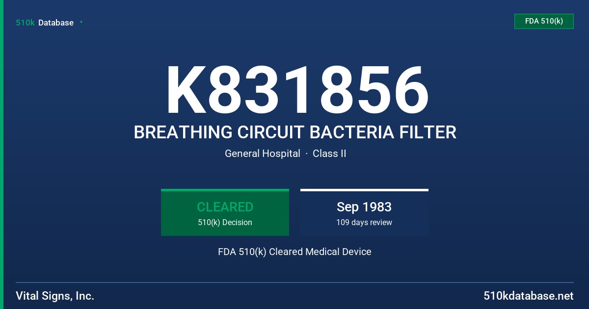 K831856 BREATHING CIRCUIT BACTERIA FILTER FDA 510(k) Cleared Medical Device