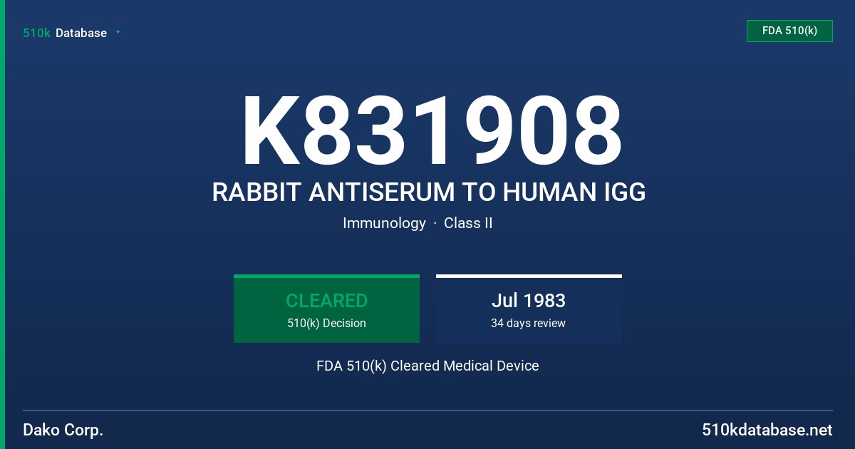 K831908 RABBIT ANTISERUM TO HUMAN IGG FDA 510(k) Cleared Medical Device
