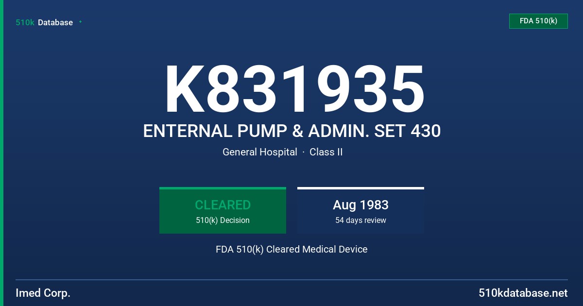 K831935 ENTERNAL PUMP & ADMIN. SET 430 FDA 510(k) Cleared Medical Device