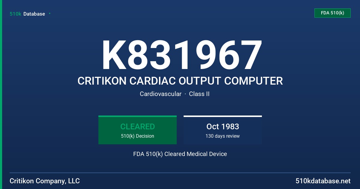 K831967 CRITIKON CARDIAC OUTPUT COMPUTER FDA 510(k) Cleared Medical Device