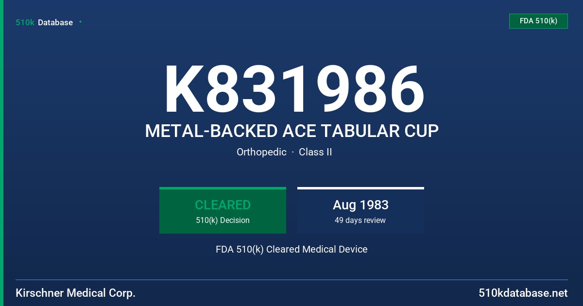K831986 METAL-BACKED ACE TABULAR CUP FDA 510(k) Cleared Medical Device