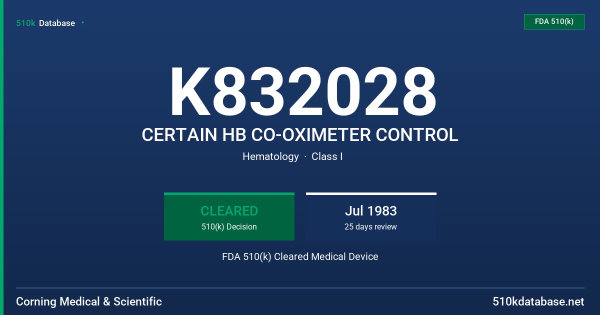 K832028 CERTAIN HB CO-OXIMETER CONTROL FDA 510(k) Cleared Medical Device
