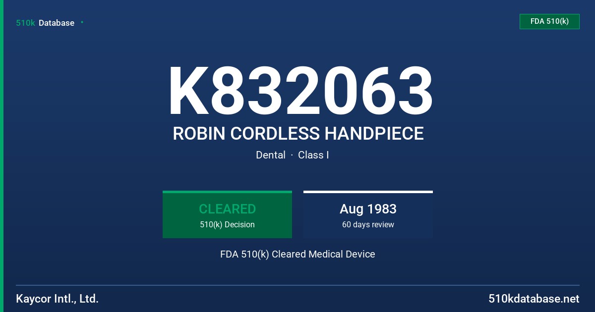 K832063 ROBIN CORDLESS HANDPIECE FDA 510(k) Cleared Medical Device