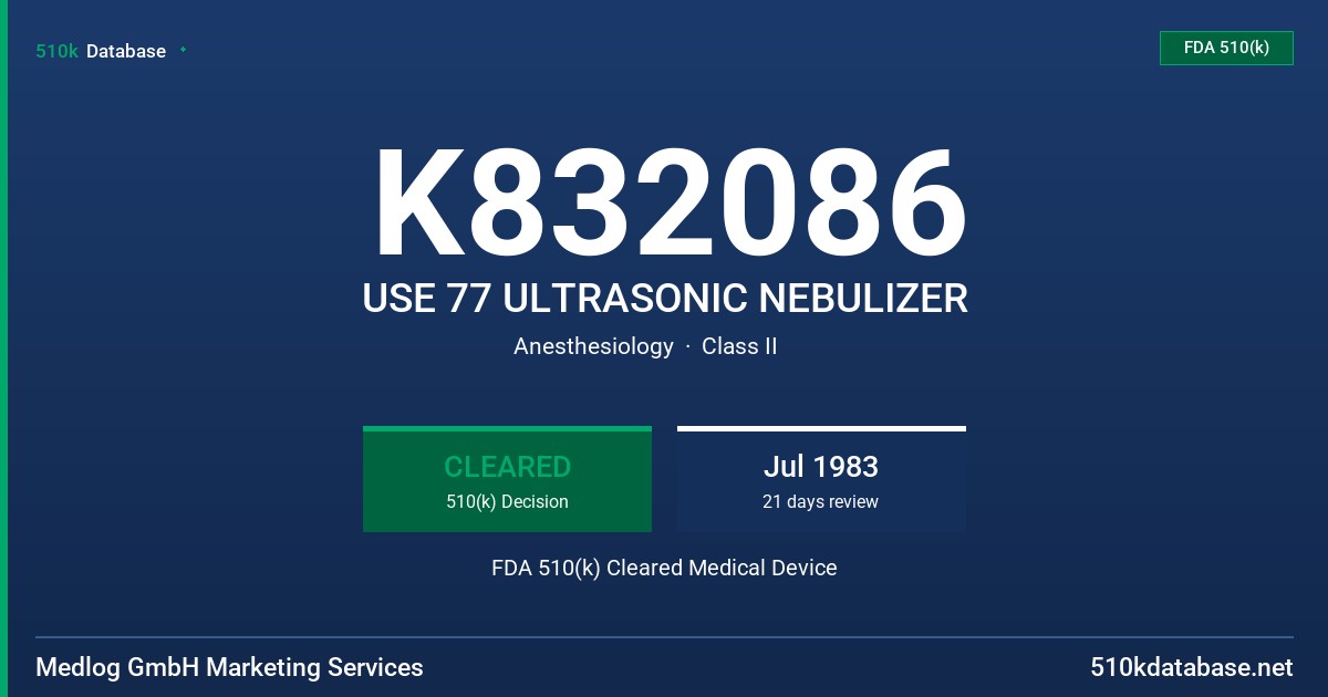K832086 USE 77 ULTRASONIC NEBULIZER FDA 510(k) Cleared Medical Device