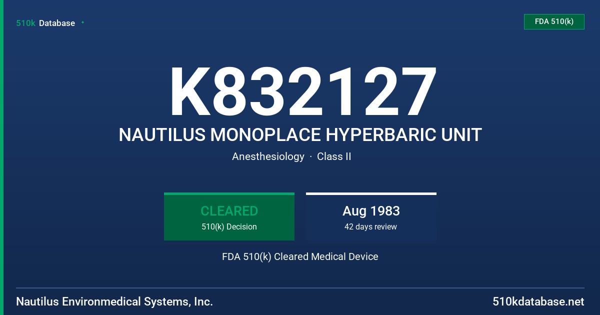 K832127 NAUTILUS MONOPLACE HYPERBARIC UNIT FDA 510(k) Cleared Medical Device