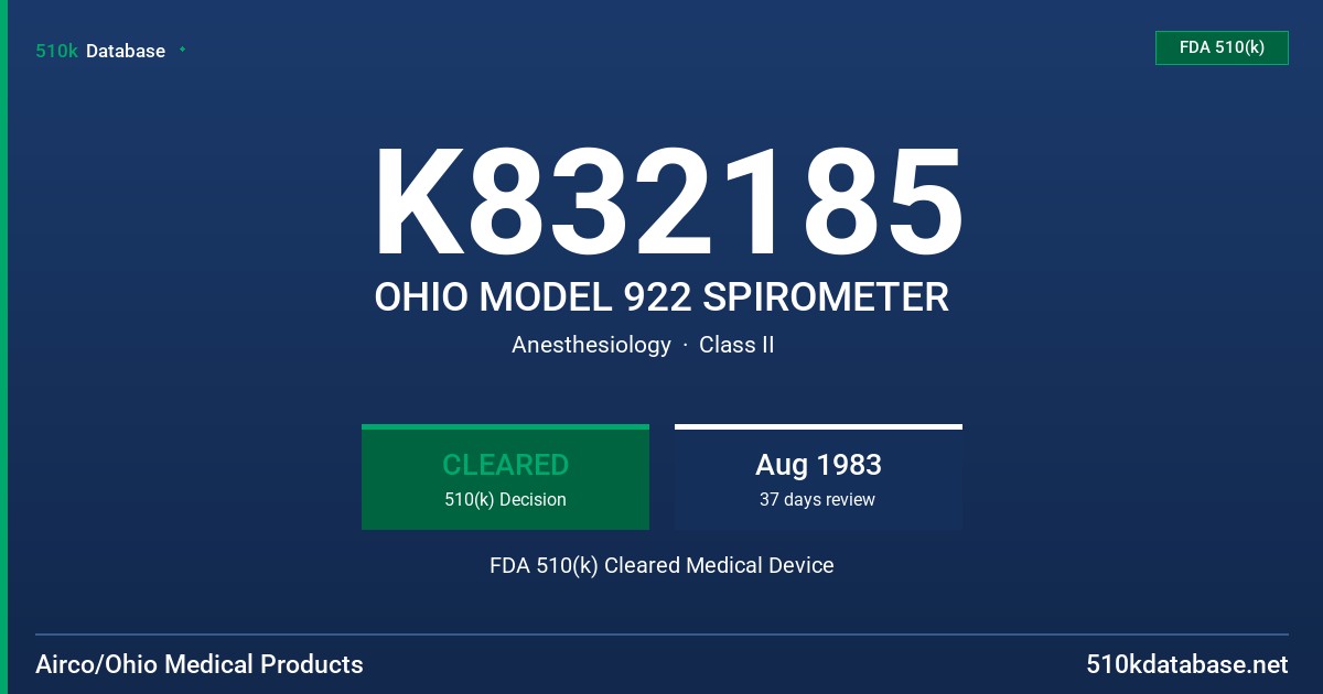 K832185 OHIO MODEL 922 SPIROMETER FDA 510(k) Cleared Medical Device