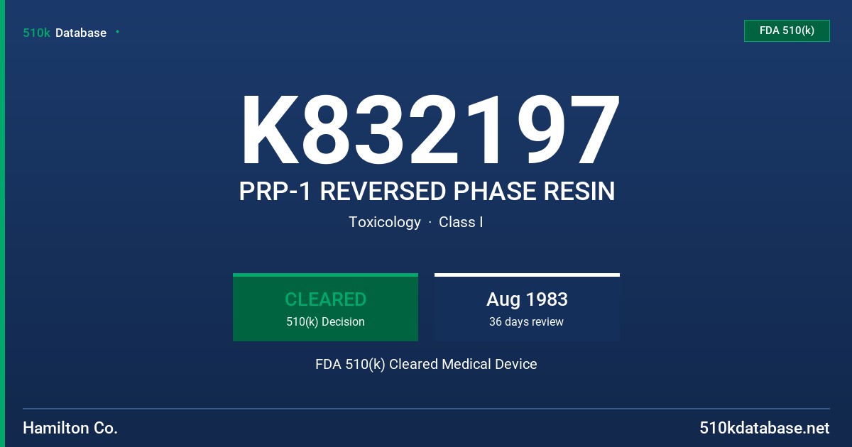 K832197 PRP-1 REVERSED PHASE RESIN FDA 510(k) Cleared Medical Device