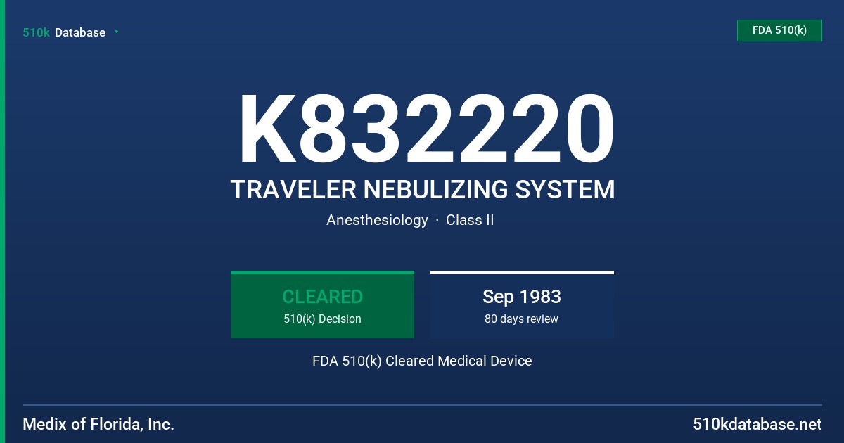 K832220 TRAVELER NEBULIZING SYSTEM FDA 510(k) Cleared Medical Device